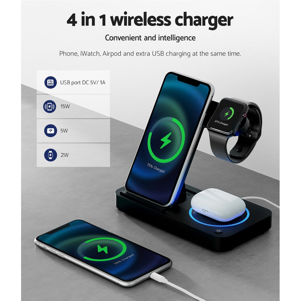 Devanti 4-in-1 Wireless Charger Station in black, designed for fast charging multiple devices including smartphones, iWatches, and AirPods.