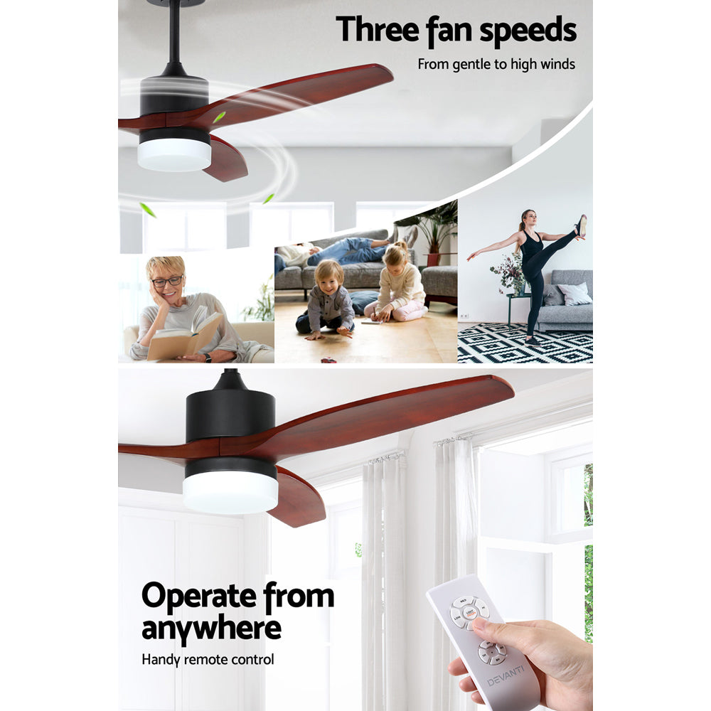 Devanti 52'' Ceiling Fan with LED light and wooden blades, remote control included, stylish design for indoor and outdoor use.