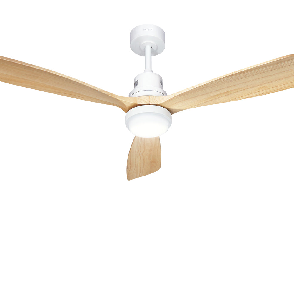 Devanti 52-inch ceiling fan with LED light and wooden blades, remote control, stylish design for indoor and outdoor use.