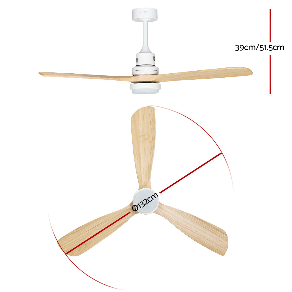 Devanti 52-inch ceiling fan with LED light and wooden blades, remote control, stylish design for indoor and outdoor use.