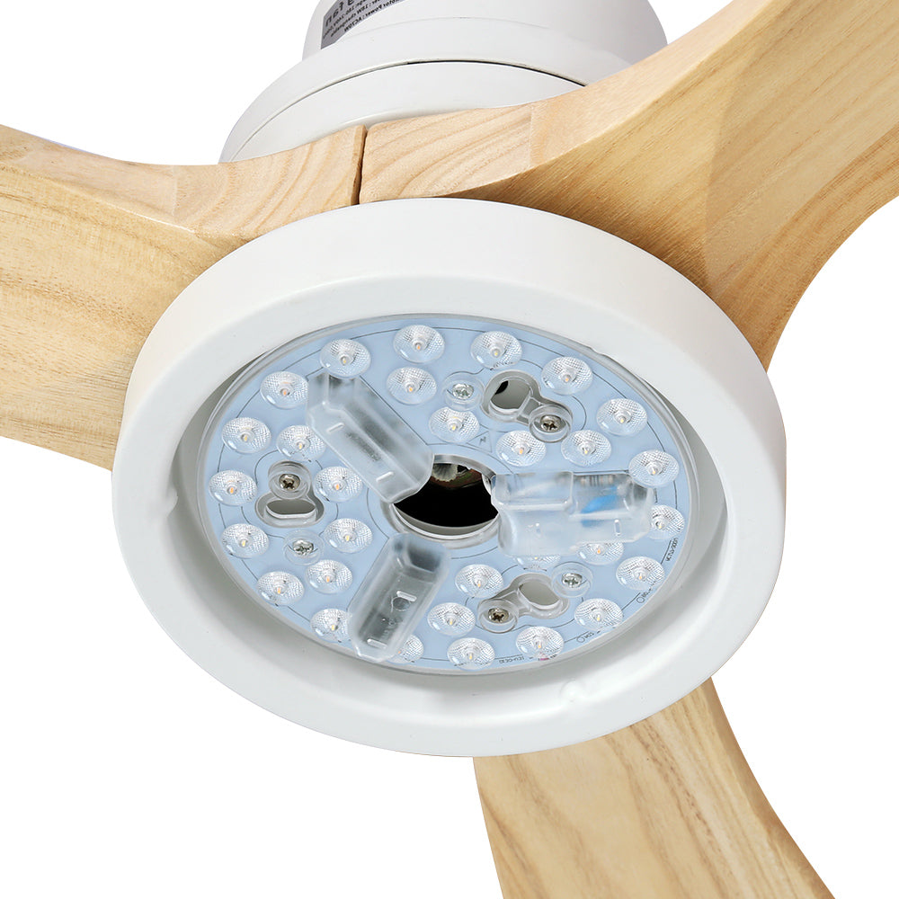 Devanti 52-inch ceiling fan with LED light and wooden blades, remote control, stylish design for indoor and outdoor use.