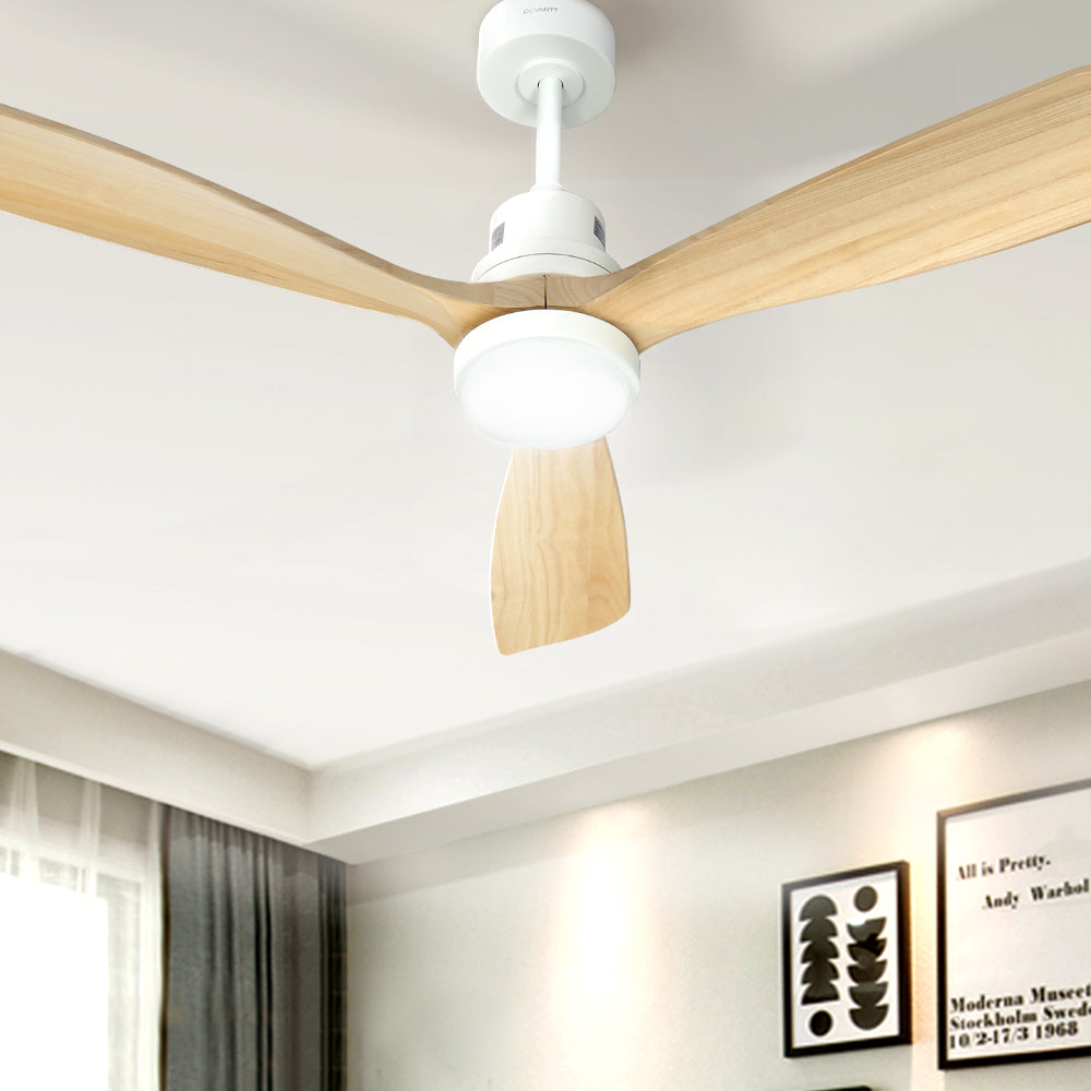 Devanti 52-inch ceiling fan with LED light and wooden blades, remote control, stylish design for indoor and outdoor use.