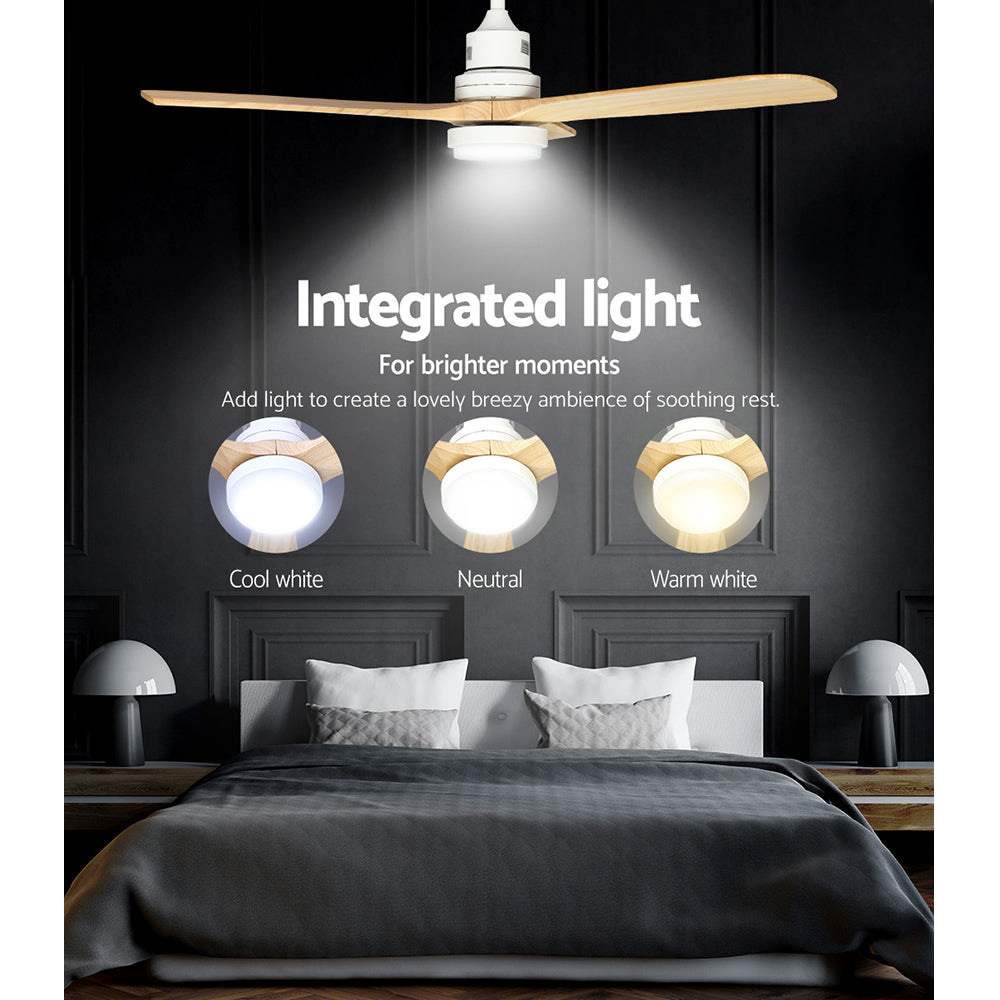 Devanti 52-inch ceiling fan with LED light and wooden blades, remote control, stylish design for indoor and outdoor use.