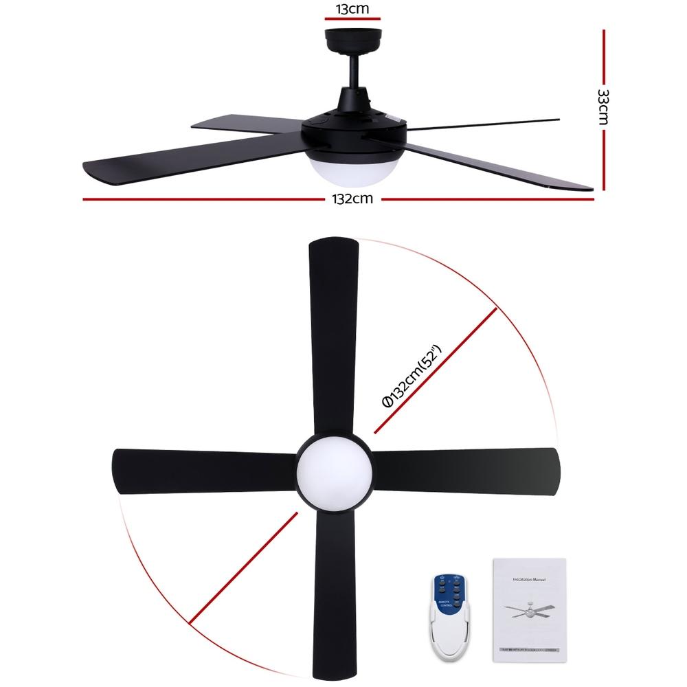 Devanti 52'' Ceiling Fan in Black with wooden blades and remote control, designed for indoor and undercover outdoor use.