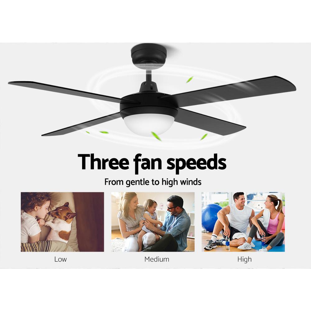 Devanti 52'' Ceiling Fan in Black with wooden blades and remote control, designed for indoor and undercover outdoor use.