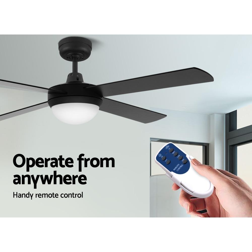 Devanti 52'' Ceiling Fan in Black with wooden blades and remote control, designed for indoor and undercover outdoor use.