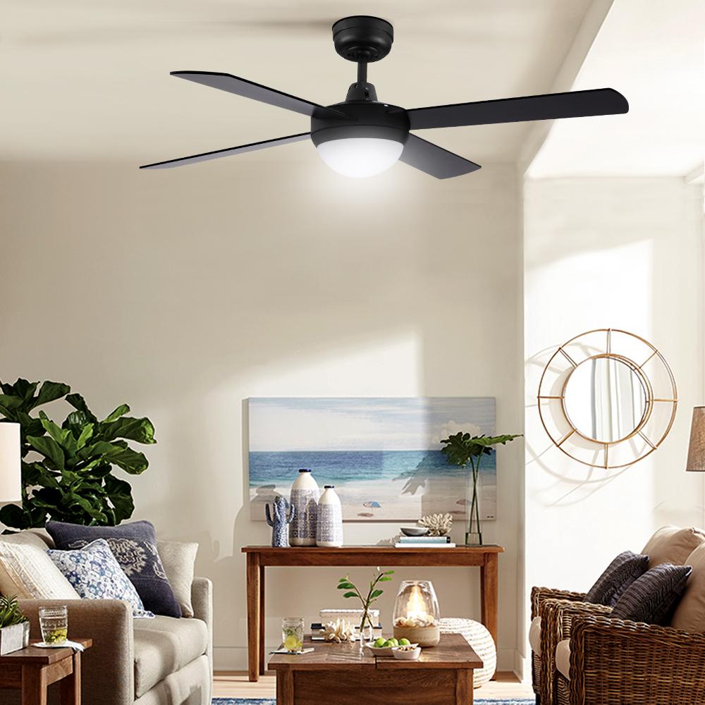 Devanti 52'' Ceiling Fan in Black with wooden blades and remote control, designed for indoor and undercover outdoor use.