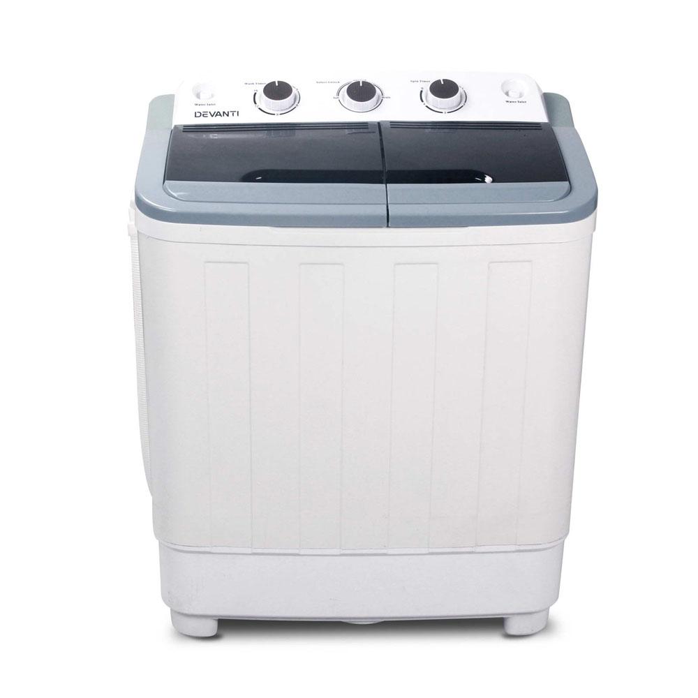 Devanti 5KG Mini Portable Washing Machine in white, featuring twin tubs and a built-in handle for easy transportation.