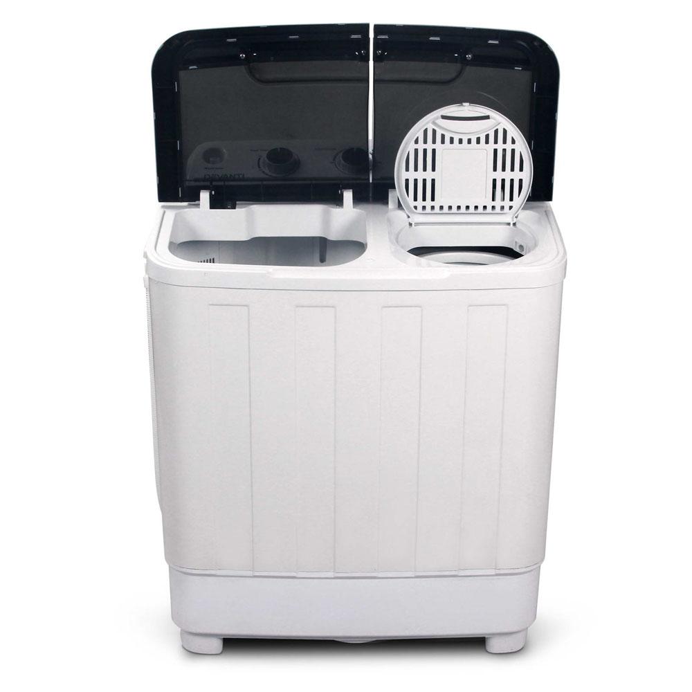 Devanti 5KG Mini Portable Washing Machine in white, featuring twin tubs and a built-in handle for easy transportation.