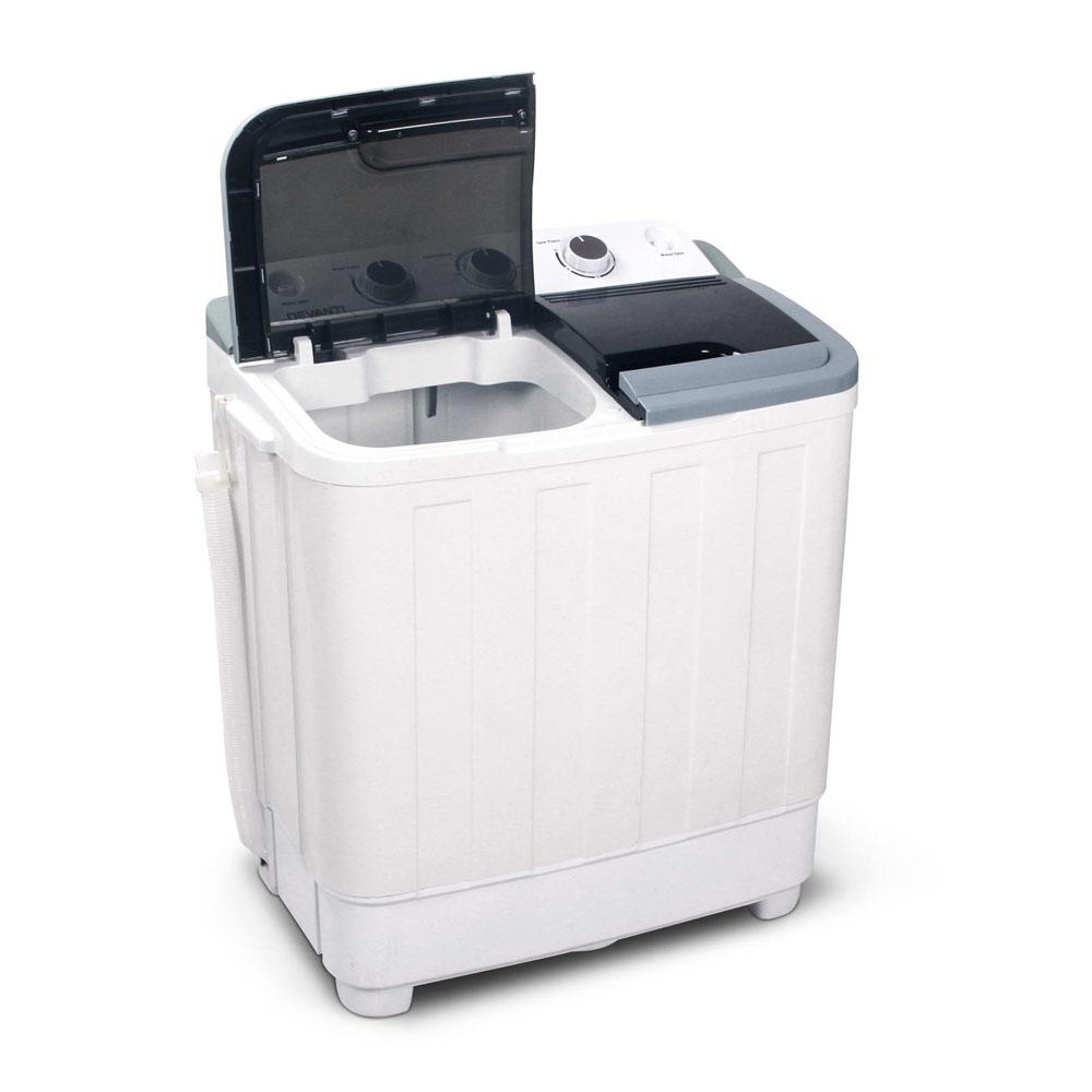 Devanti 5KG Mini Portable Washing Machine in white, featuring twin tubs and a built-in handle for easy transportation.