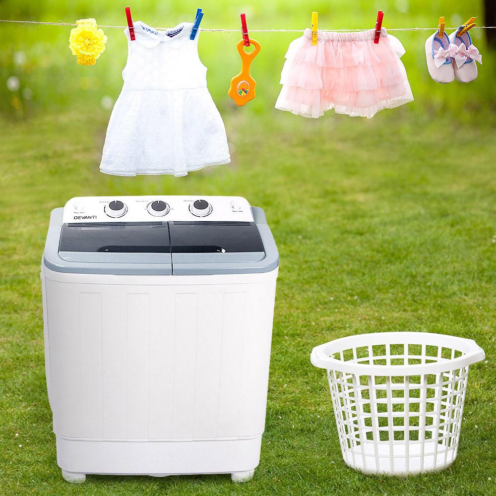 Devanti 5KG Mini Portable Washing Machine in white, featuring twin tubs and a built-in handle for easy transportation.