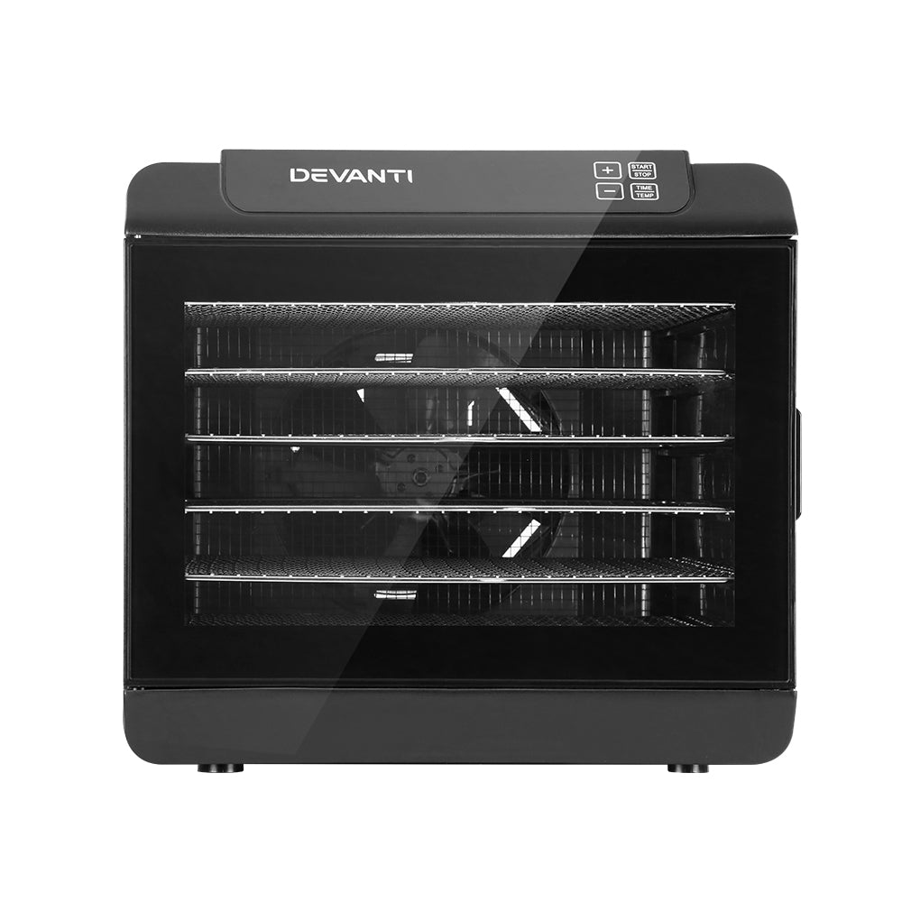 Devanti 6 Tray Food Dehydrator in black with stainless steel trays, showcasing its LCD touch control panel and transparent door.