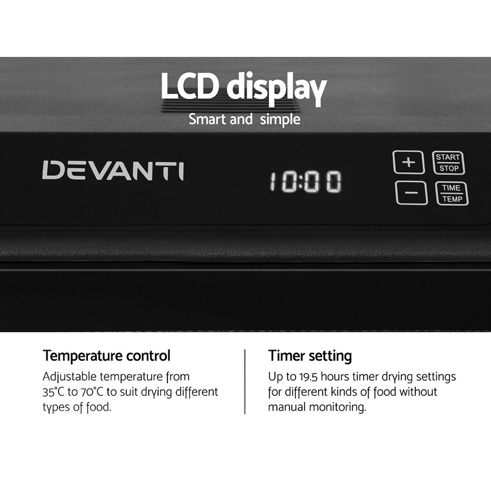 Devanti 6 Tray Food Dehydrator in black with stainless steel trays, showcasing its LCD touch control panel and transparent door.