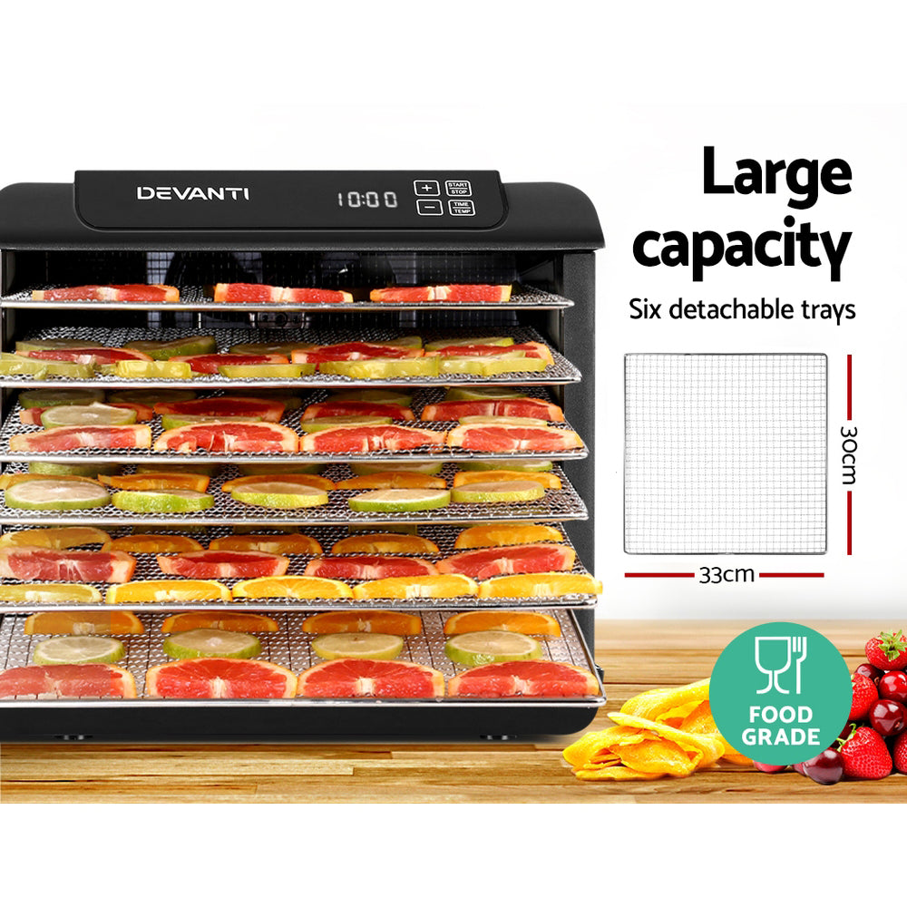 Devanti 6 Tray Food Dehydrator in black with stainless steel trays, showcasing its LCD touch control panel and transparent door.