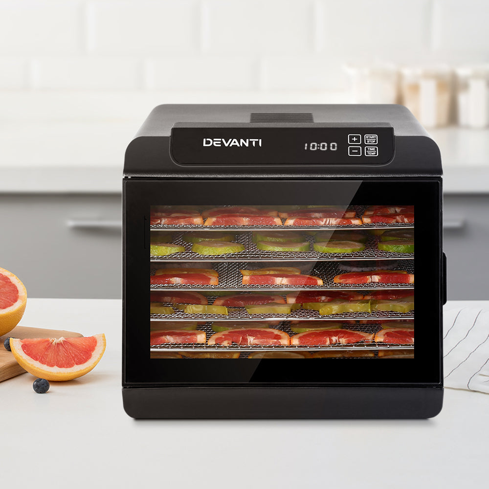 Devanti 6 Tray Food Dehydrator in black with stainless steel trays, showcasing its LCD touch control panel and transparent door.