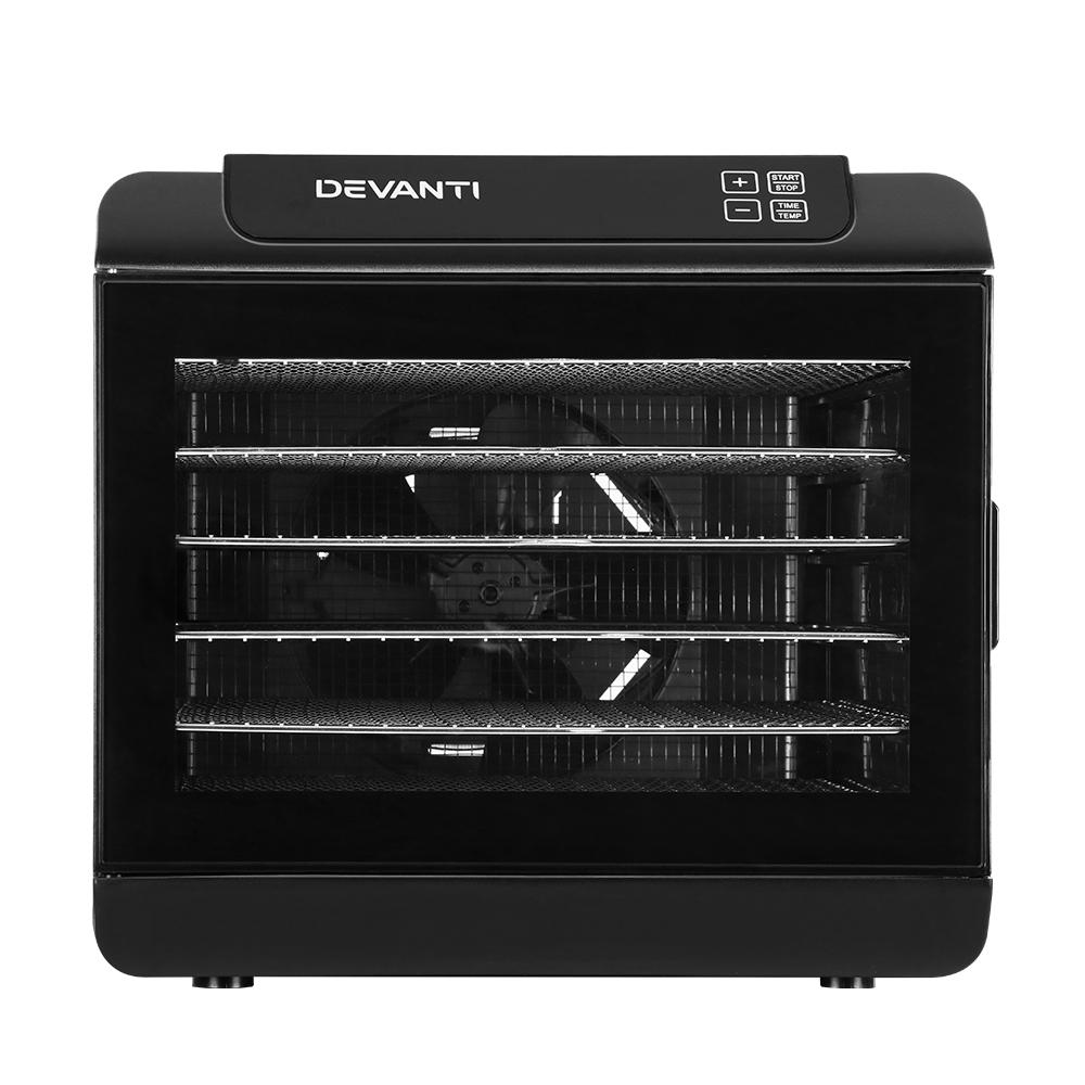 Devanti 6 Tray Food Dehydrator in black with stainless steel trays, showcasing its LCD control panel and transparent door.