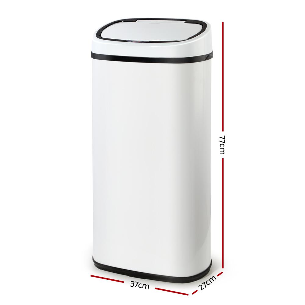 Devanti 68L Motion Sensor Bin in white, showcasing its sleek design and fingerprint-resistant steel body.