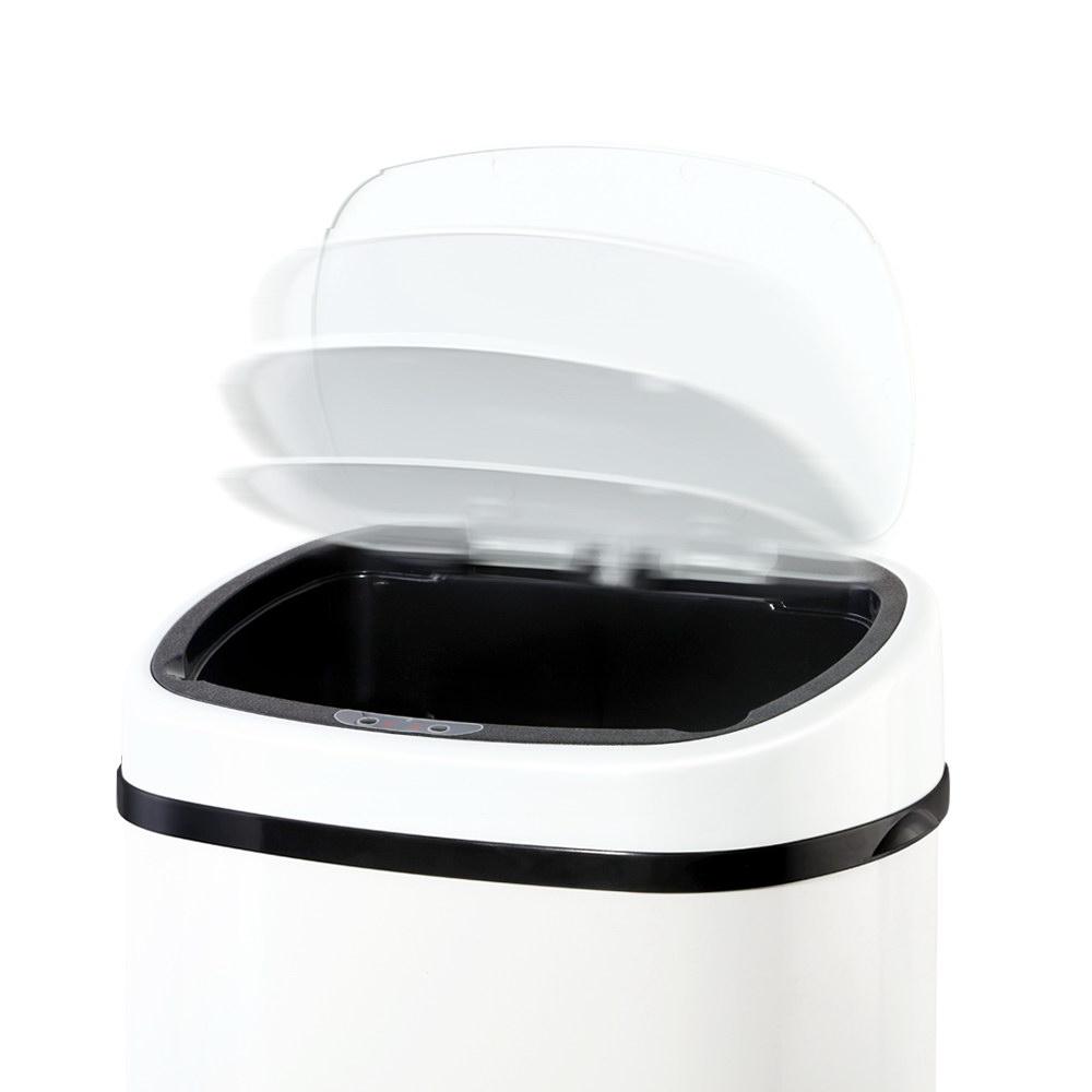 Devanti 68L Motion Sensor Bin in white, showcasing its sleek design and fingerprint-resistant steel body.