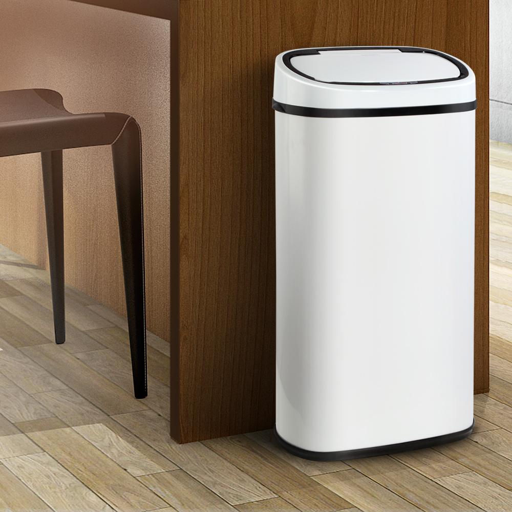 Devanti 68L Motion Sensor Bin in white, showcasing its sleek design and fingerprint-resistant steel body.