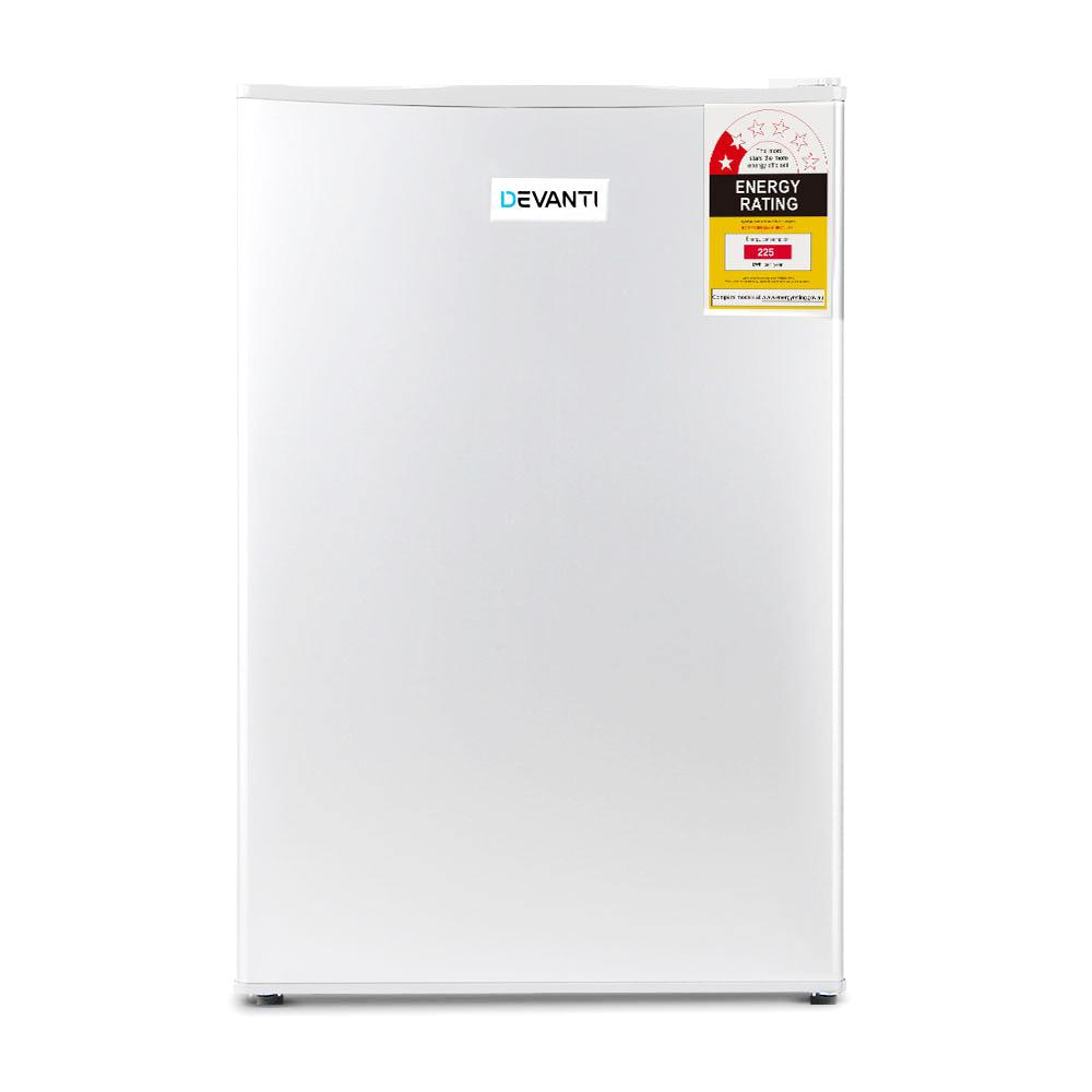 Devanti 70L Portable Mini Bar Fridge in white, showcasing its compact design and adjustable temperature settings.