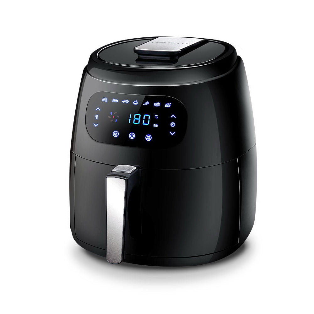 Devanti Air Fryer 8.5L in sleek black design with LCD display and cooking accessories.