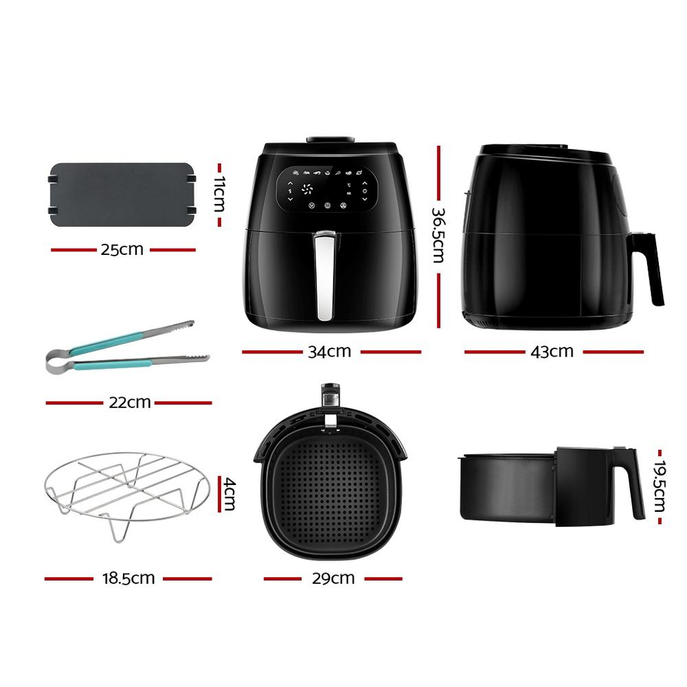 Devanti Air Fryer 8.5L in sleek black design with LCD display and cooking accessories.