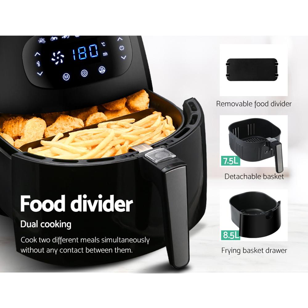 Devanti Air Fryer 8.5L in sleek black design with LCD display and cooking accessories.