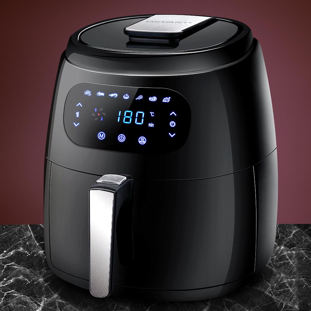 Devanti Air Fryer 8.5L in sleek black design with LCD display and cooking accessories.