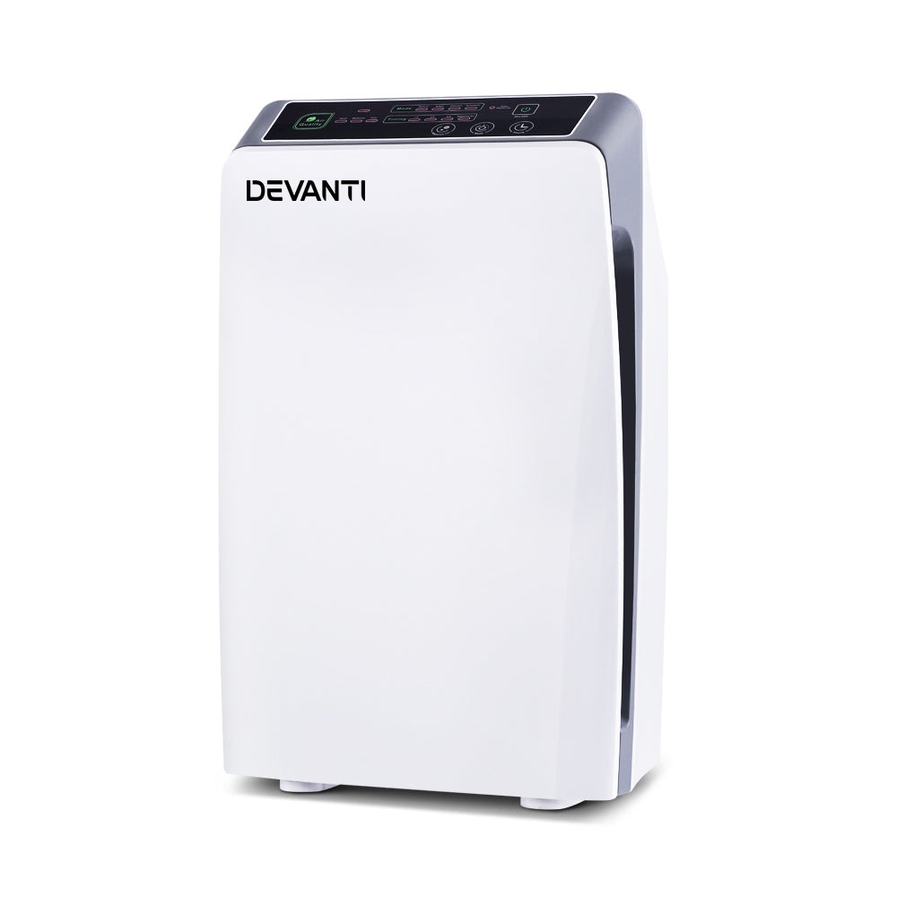 Devanti Air Purifier with HEPA filter and digital control panel, designed for cleaner air in homes.