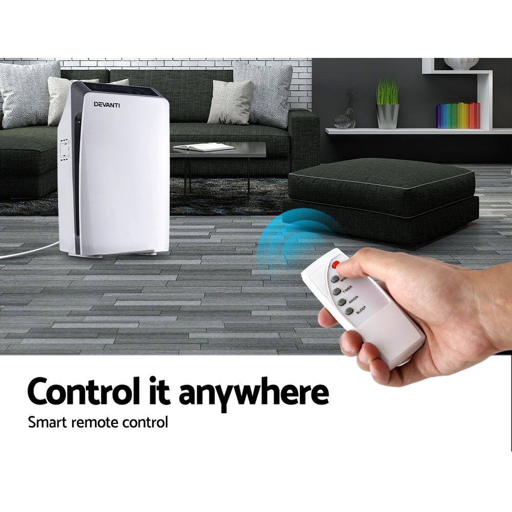 Devanti Air Purifier with HEPA filter and digital control panel, designed for cleaner air in homes.