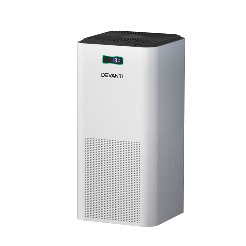 Devanti Air Purifier with HEPA filter in a modern white design, showcasing its compact size and user-friendly features.