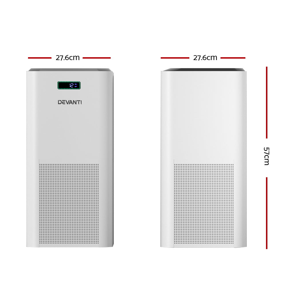 Devanti Air Purifier with HEPA filter in a modern white design, showcasing its compact size and user-friendly features.