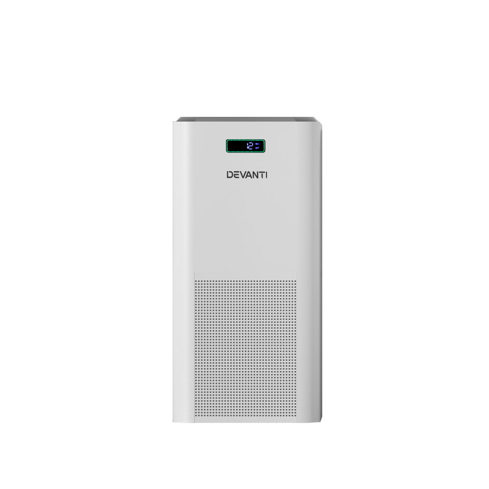 Devanti Air Purifier with HEPA filter in a modern white design, showcasing its compact size and user-friendly features.