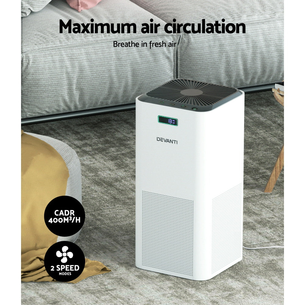 Devanti Air Purifier with HEPA filter in a modern white design, showcasing its compact size and user-friendly features.