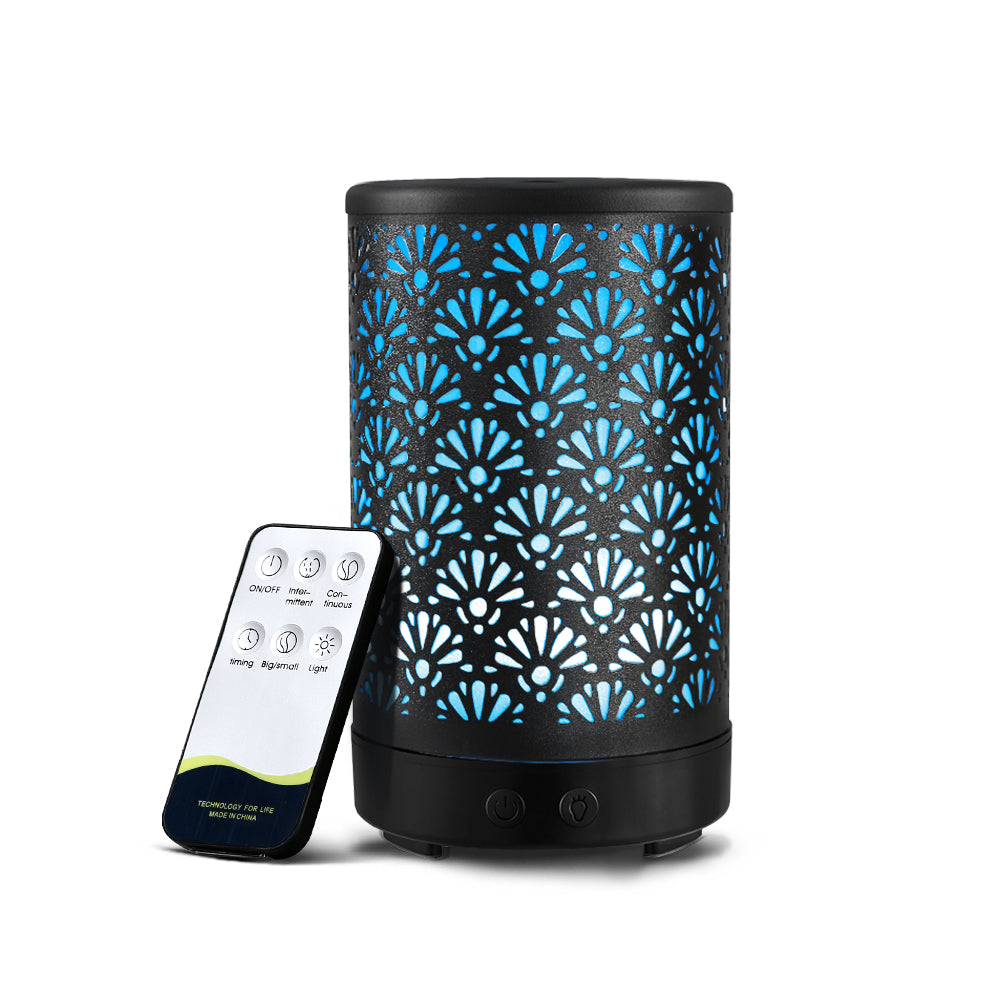 Devanti Aroma Diffuser with metal cover, showcasing elegant fan pattern design and 7-colour LED light.