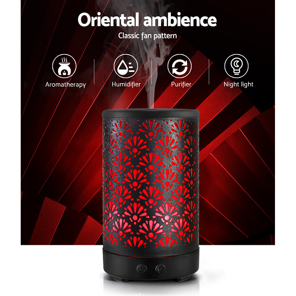 Devanti Aroma Diffuser with metal cover, showcasing elegant fan pattern design and 7-colour LED light.