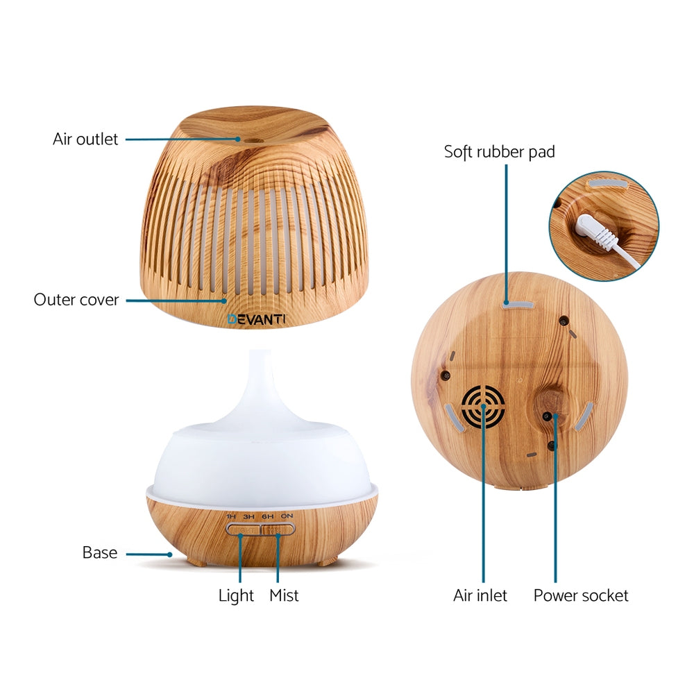 Devanti Aromatherapy Diffuser with wood grain design, LED lights, and remote control, showcasing its elegant and multifunctional features.