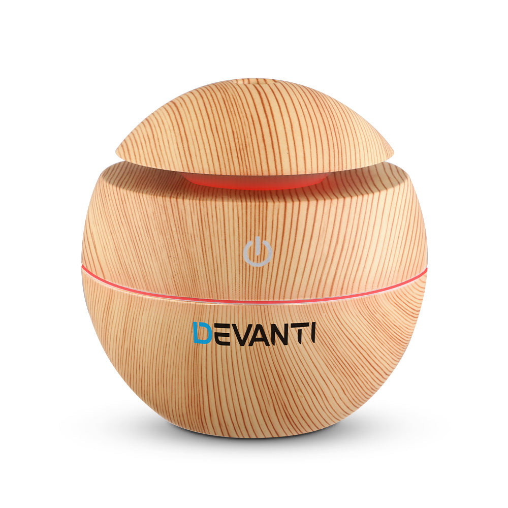 Devanti Aromatherapy Diffuser with wood grain design, showcasing LED lights and mist function.