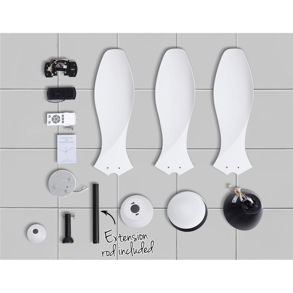 Devanti Ceiling Fan Light in white color with remote control, showcasing its sleek design and LED light features.