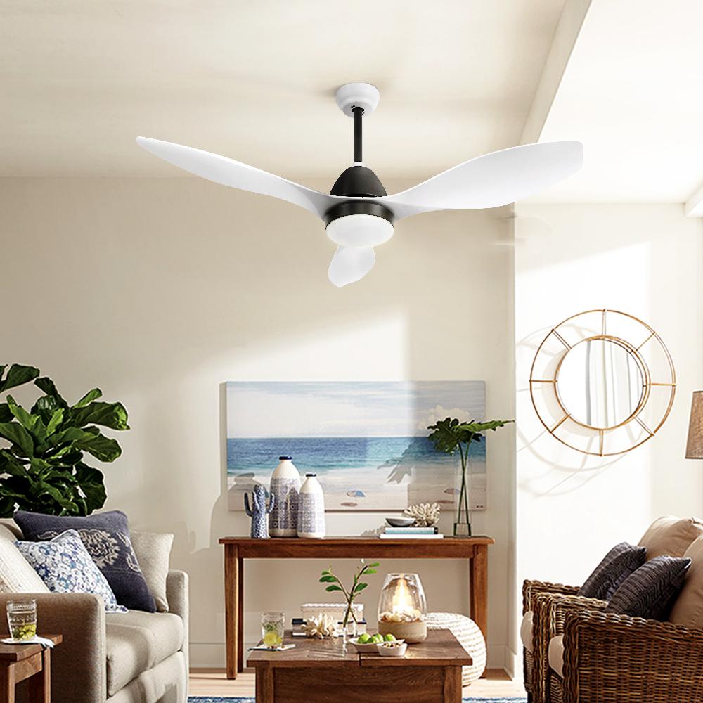 Devanti Ceiling Fan Light in white color with remote control, showcasing its sleek design and LED light features.