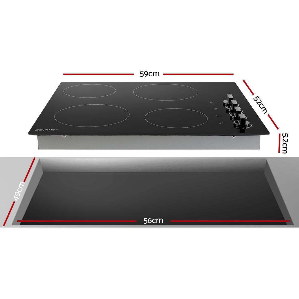 Devanti 60cm Ceramic Cooktop featuring four cooking zones and a sleek black glass surface, designed for efficient and safe cooking.