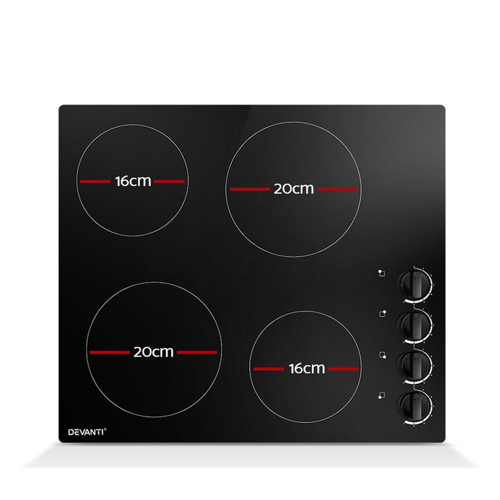 Devanti 60cm Ceramic Cooktop featuring four cooking zones and a sleek black glass surface, designed for efficient and safe cooking.