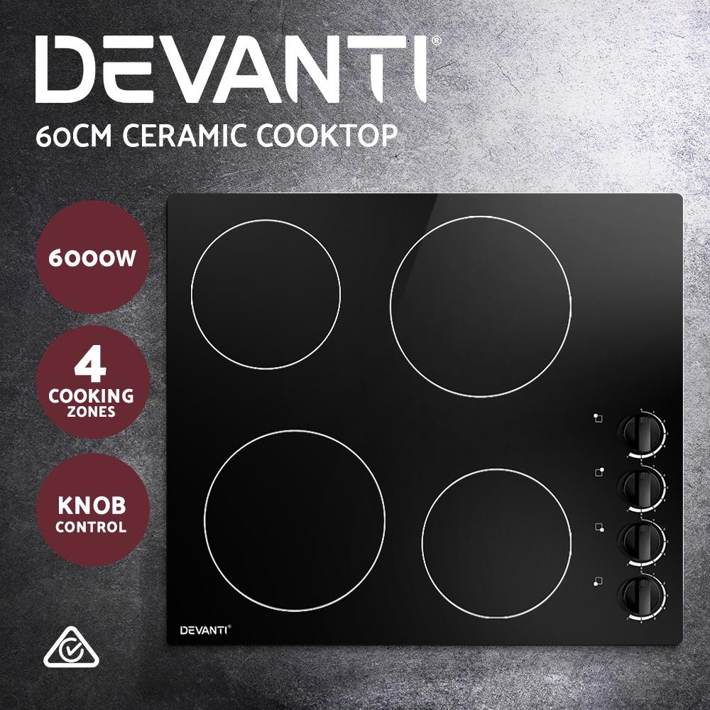 Devanti 60cm Ceramic Cooktop featuring four cooking zones and a sleek black glass surface, designed for efficient and safe cooking.