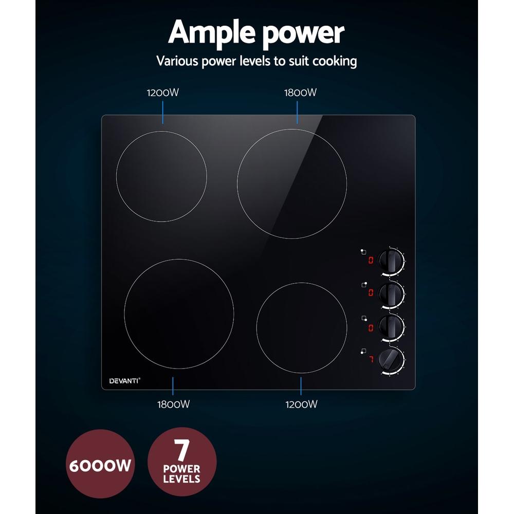 Devanti 60cm Ceramic Cooktop featuring four cooking zones and a sleek black glass surface, designed for efficient and safe cooking.