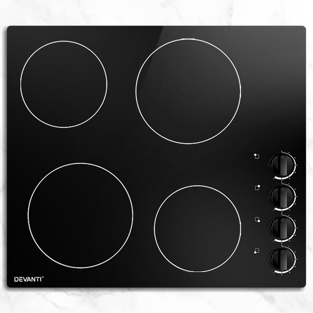 Devanti 60cm Ceramic Cooktop featuring four cooking zones and a sleek black glass surface, designed for efficient and safe cooking.