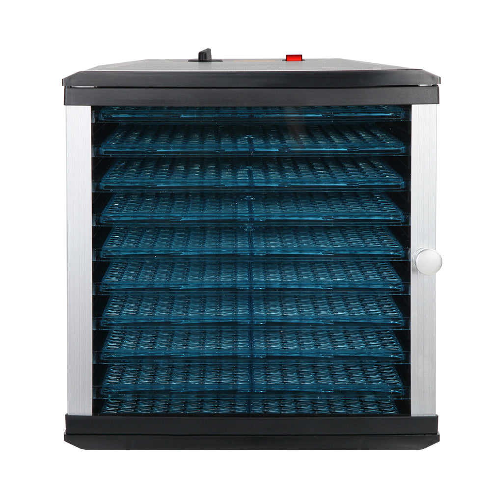 Devanti Commercial Food Dehydrator with 10 trays, showcasing its transparent door and removable trays for drying various foods.