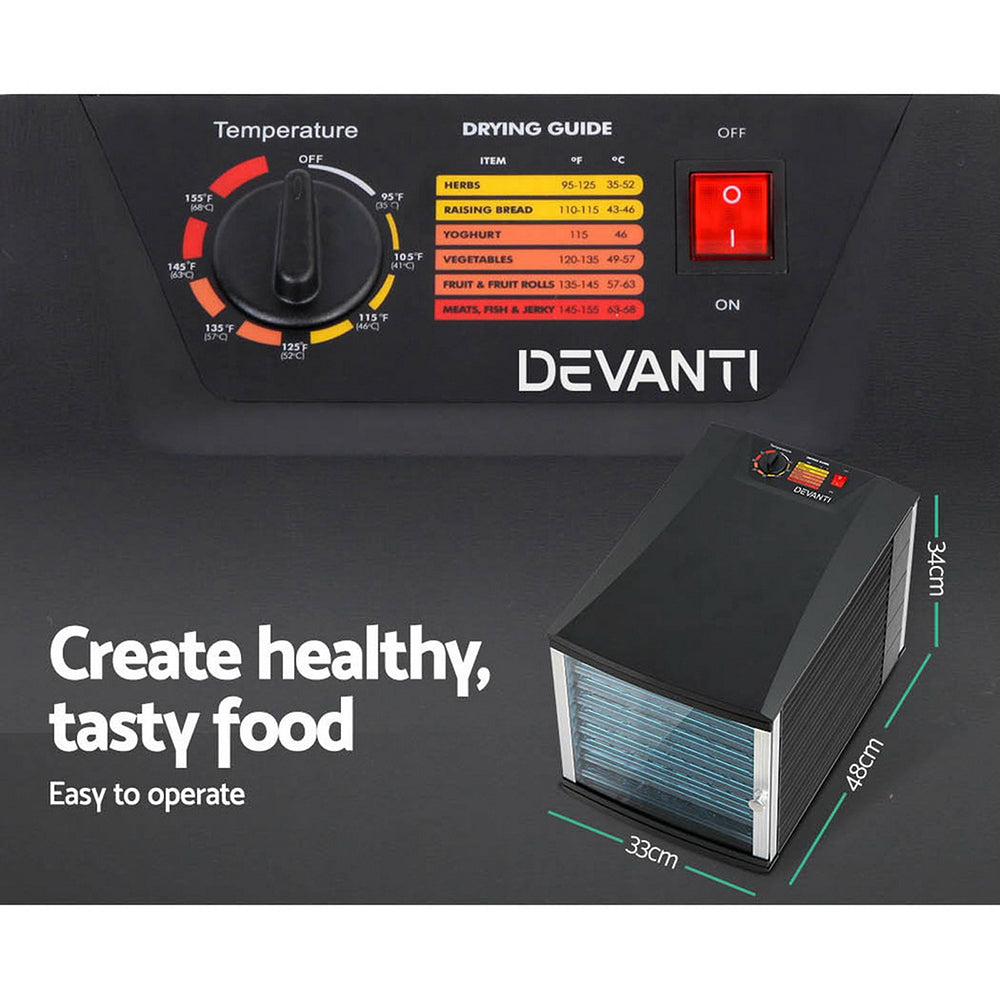 Devanti Commercial Food Dehydrator with 10 trays, showcasing its transparent door and removable trays for drying various foods.