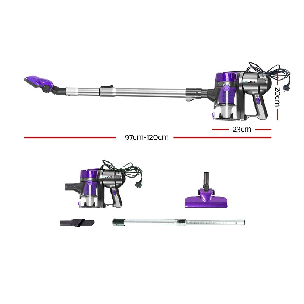 Devanti Corded Handheld Bagless Vacuum Cleaner in purple and silver, showcasing its sleek design and features.