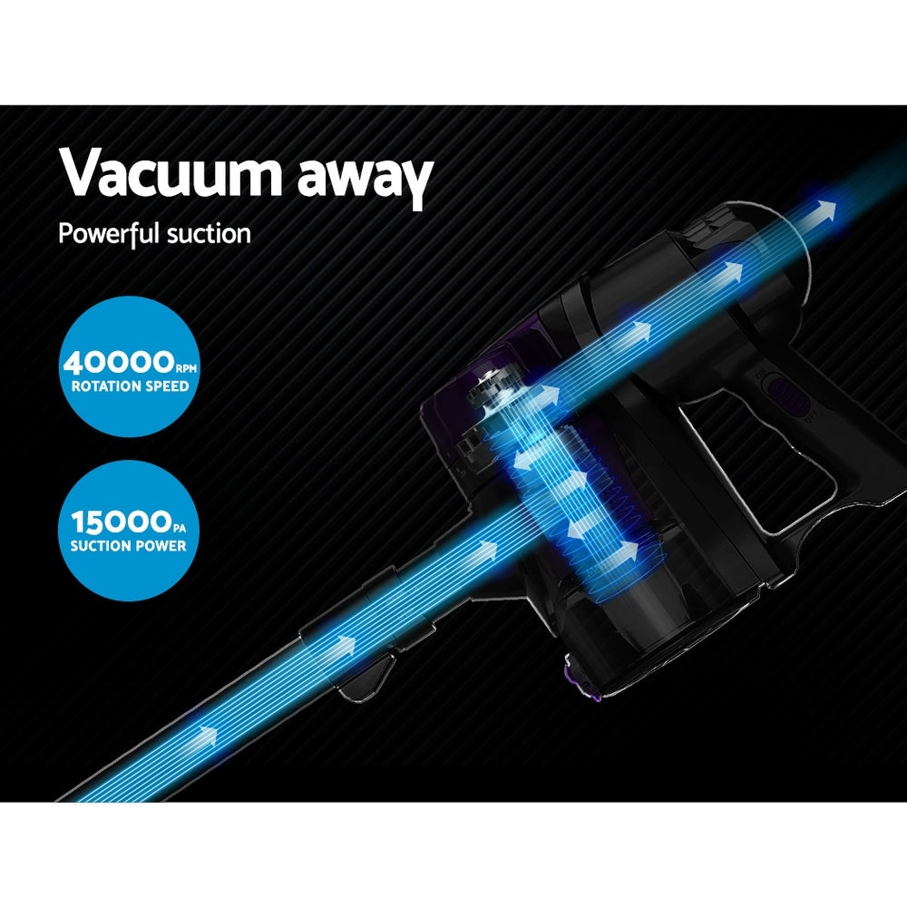 Devanti Corded Handheld Bagless Vacuum Cleaner in purple and silver, showcasing its sleek design and features.