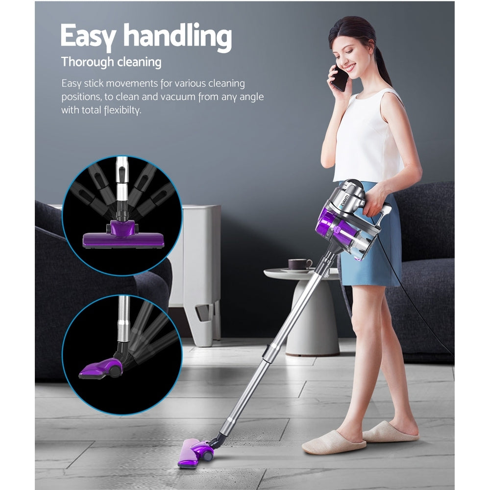 Devanti Corded Handheld Bagless Vacuum Cleaner in purple and silver, showcasing its sleek design and features.